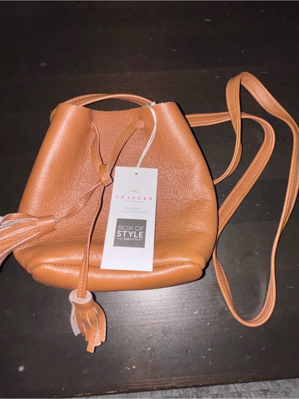 Tan Crossbody Bucket Bag with Tassel